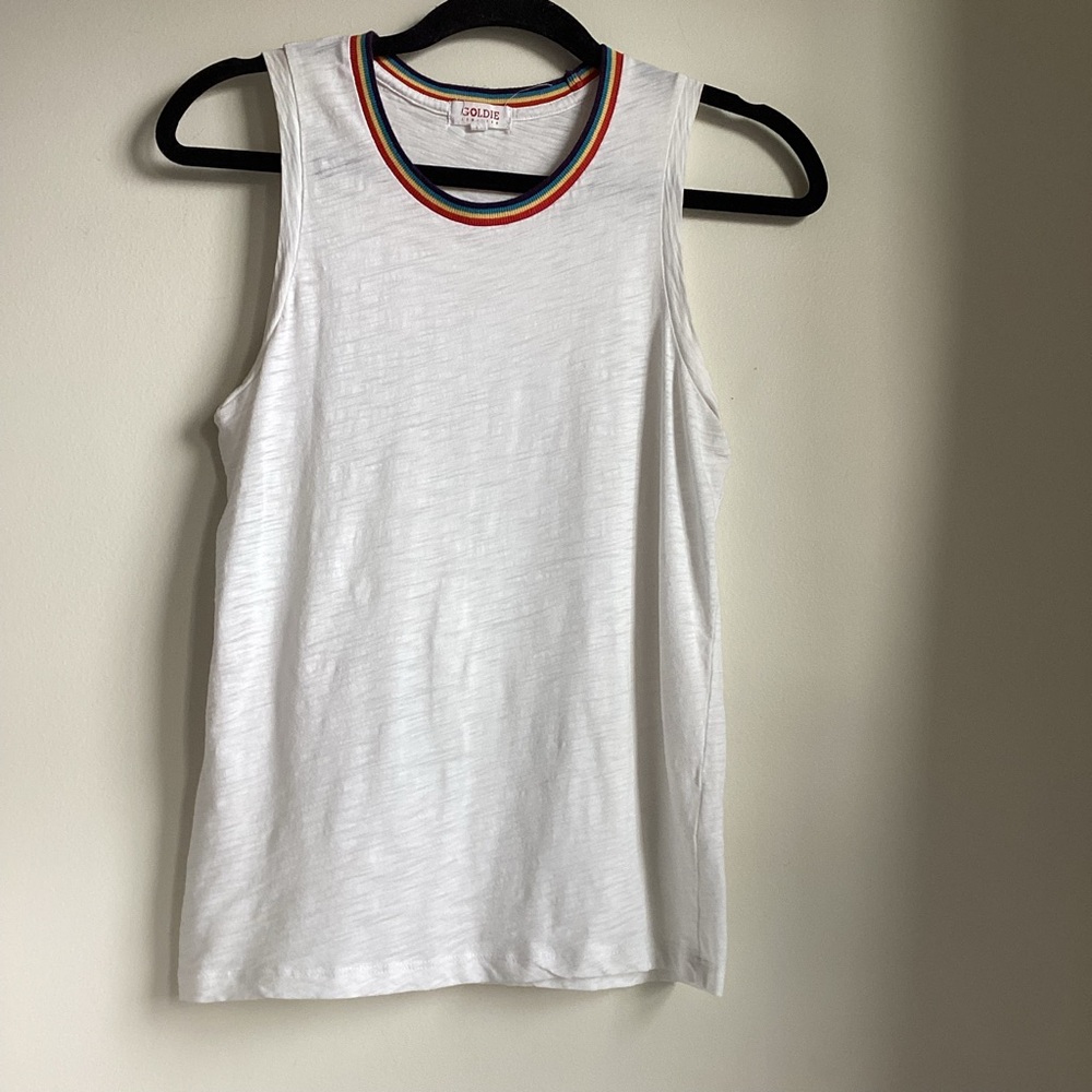 Goldie Rainbow Tipped Ringer Crew Tank Top Womens Small White Pima Cotton Peru